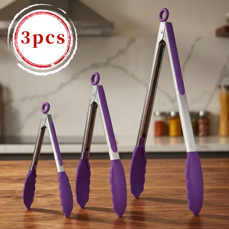 TEMU 3pcs Set Of Food Tongs - , 7-inch, 9-inch, 12-inch, Purple, Suitable For Plates, Grills, Ovens, And Dishwashers - Multifunctional Kitchen Tools,