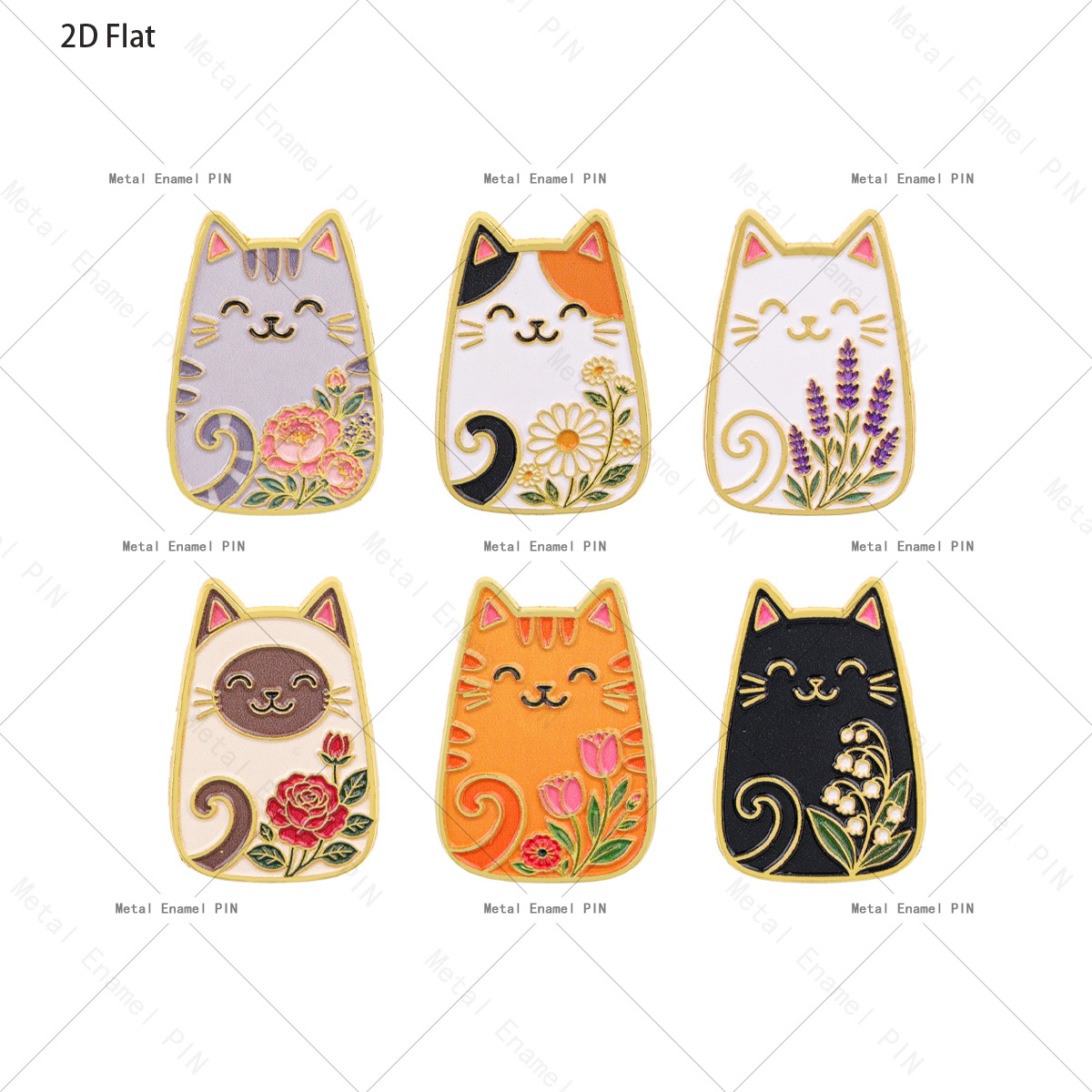 TEMU 2d Flat, 2d Flat 6pcs Cute Cartoon Simple Floral Cat Enamel Pins Kawaii Kitten With Flower Lapel Brooch, Sweet Cartoon Metal Badge For Backpack