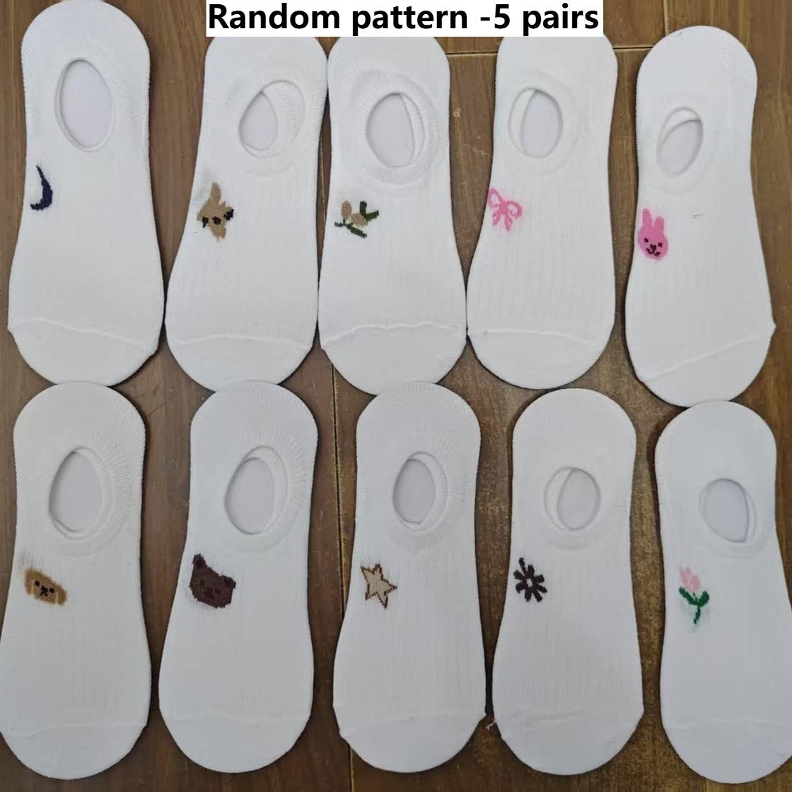 TEMU 5 Paar Frühlings-/Sommer-Damen Ankelsocken in Weiß mit Schmetterlings, Blumen- und herzförmigen Mustern, bequeme, atmungsaktive und süße