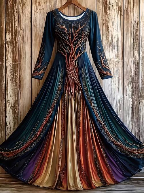womens fashionable elegant style round neck vintage viking tree of life celtic knot colorful print artistic loose versatile long sleeve dress