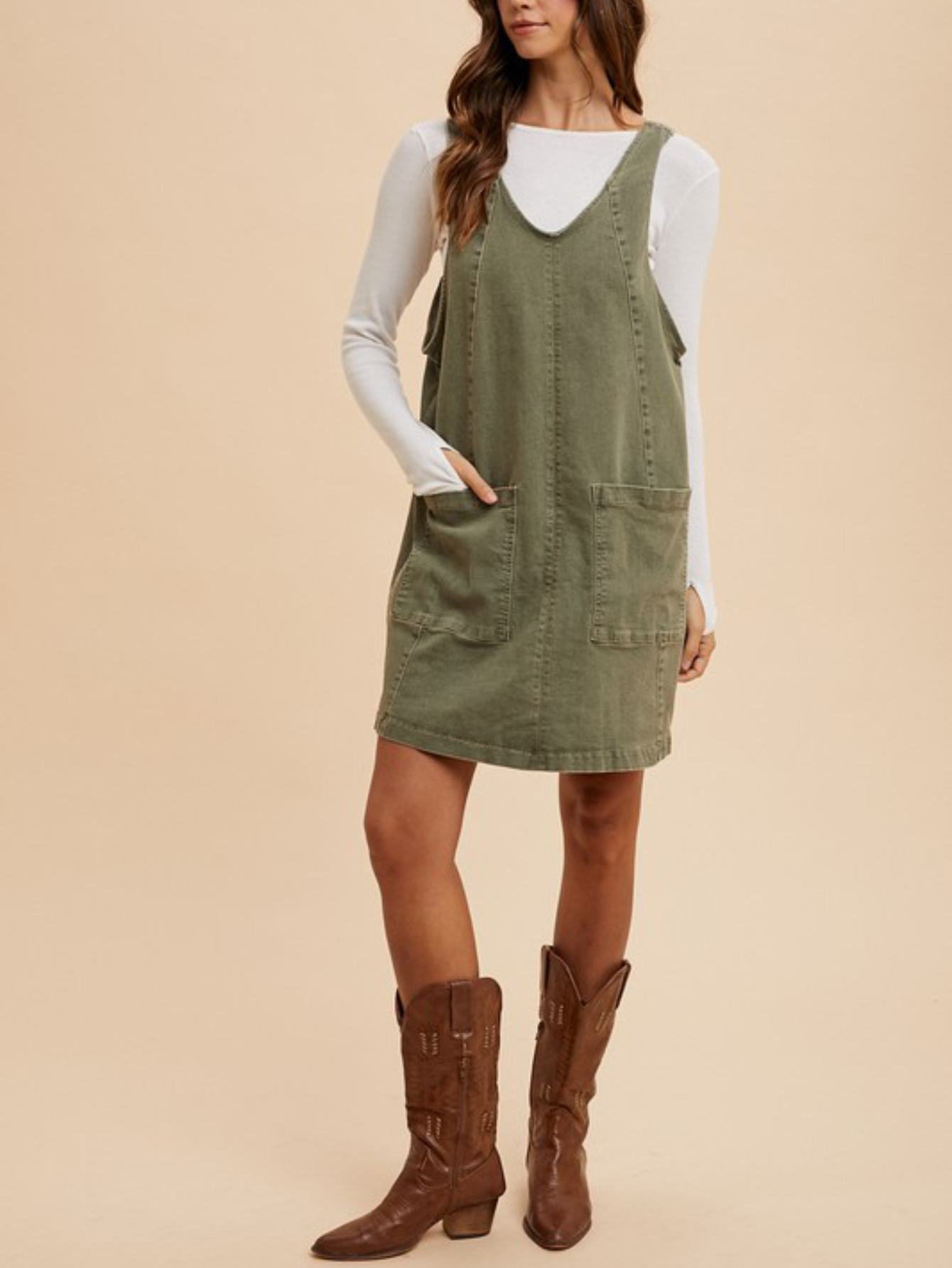 womens casual overall dress chic utility style front patch pocket pinafore jumper  dress olive neck sleeveless knee length washed vintage for spring summer  everyday wear | Great Deals | Temu