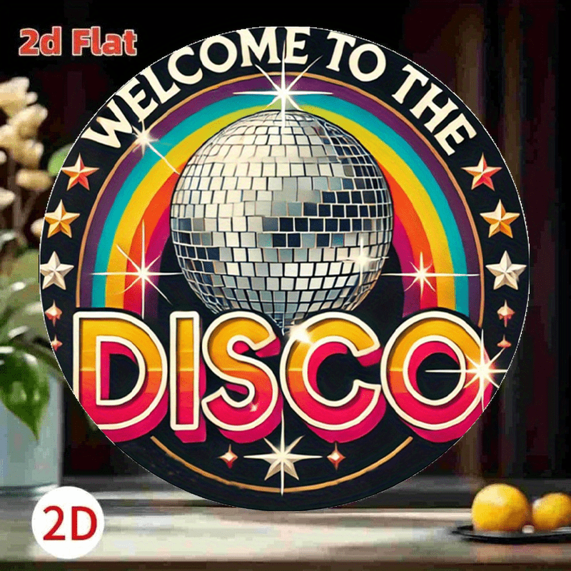 TEMU Panneau mural de disco vintage - rétro "Welcome to Disco" avec étoiles, panneau rond artificiel à suspendre, convient pour la man cave,