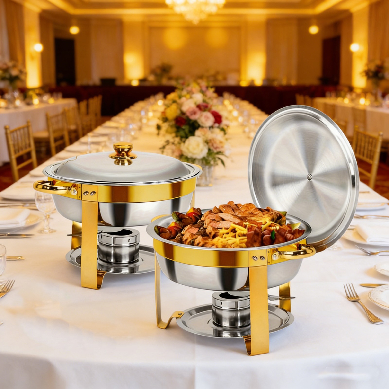 Image of 2pcs Golden Chafing Dish Buffet Set 304 Stainless Steel, With 2 Tongs, Featuring A Sturdy Stainless And A Lid Rack, Ideal For Weddings, Events, Banquets, And Restaurants. ( Cooking), Cooking