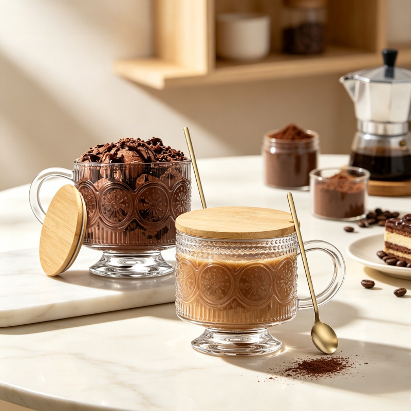 Image of Dotocook 2pcs Glass Overnight Oats Cups With Bamboo Lids And Spoons, Vintage Embossed Breakfast Cups For Yogurt, Oatmeal, Fruit, , Dessert And Coffee