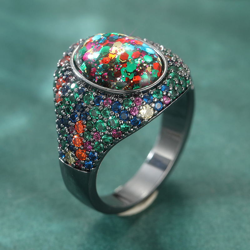 Women's Luxury Multicolored CZ Inlaid Black Geometry Ring
