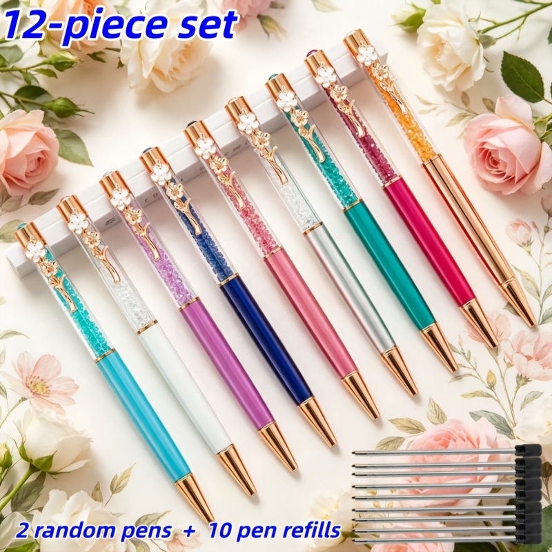 TEMU Lot de 12 stylos torsadés de luxe en métal (2 stylos + 10 recharges), styles aléatoires, motif de fleur à paillettes, stylo rotatif avec pince à