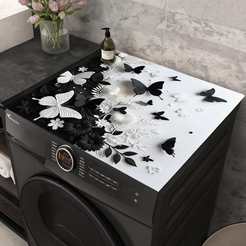 TEMU 2d Flat, 1pc 2d Flat And Flower Washing Machine Mat, Black And White , Polyester Fiber Surface, Rubber Base, Home Decor, Suitable For Washing