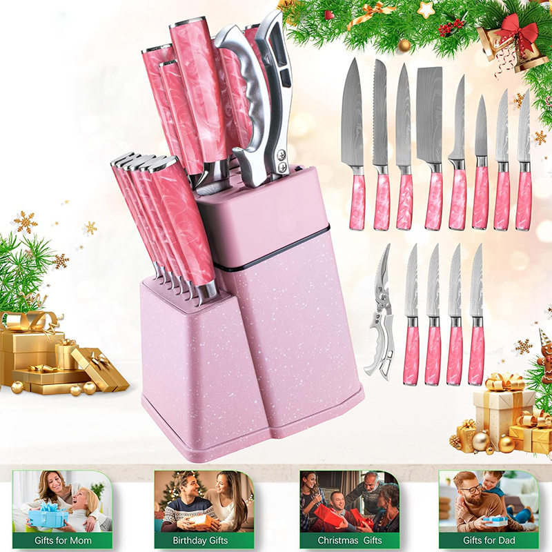 Perfect Gift| Professional 14pcs Chef's Knife Set with a Knife Block| Stainless Steel 15° Sharp Blade for Effortless Cutting; Ergonomic Non-slip Handle for Precise and Effortless Control