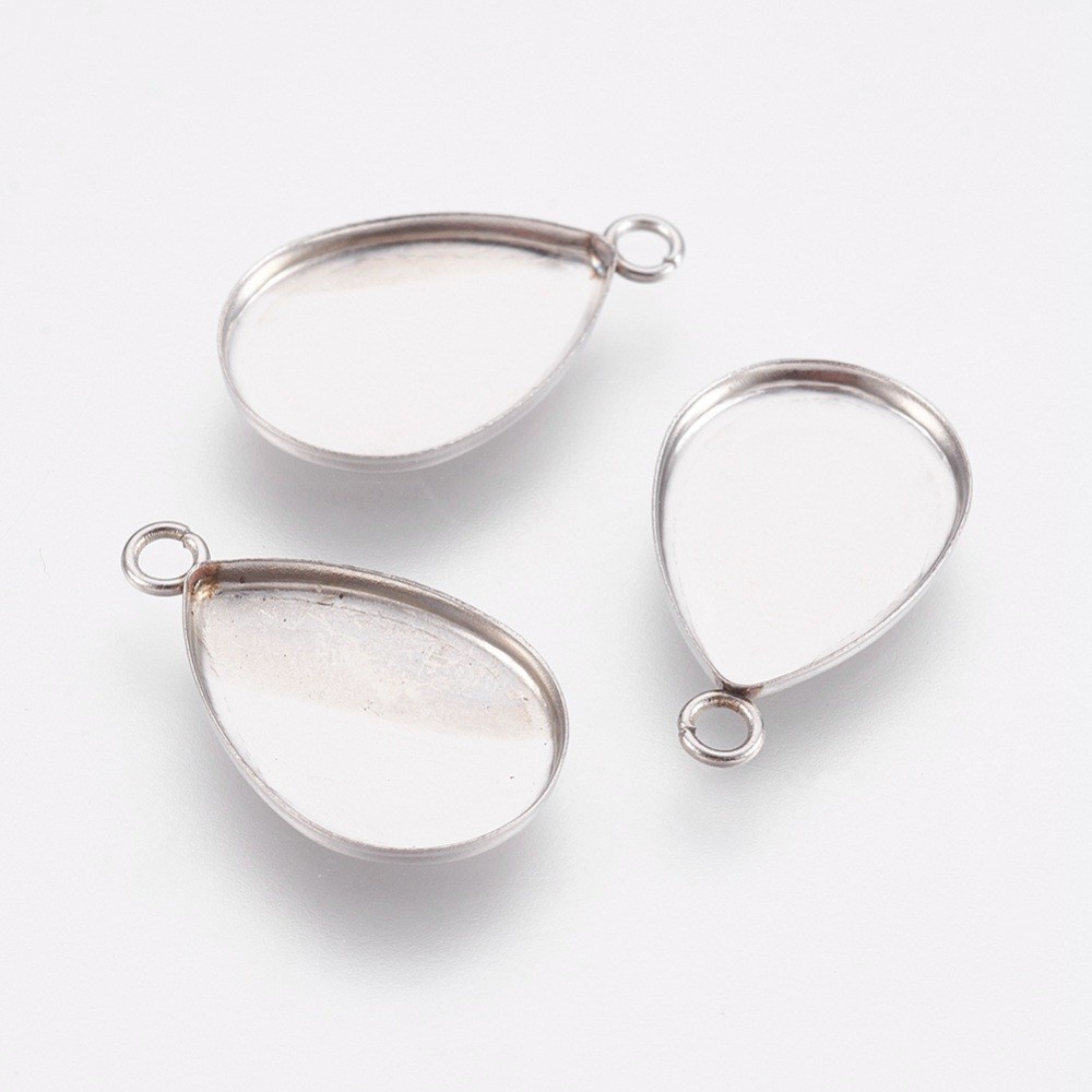 TEMU 20pcs Tarnish Resistant 304 Stainless Steel Pendant Cabochon Settings Plain Edge Bezel Cups Teardrop Silvery Tray: 14x10mm 17.5x10.5x1.5mm Hole: