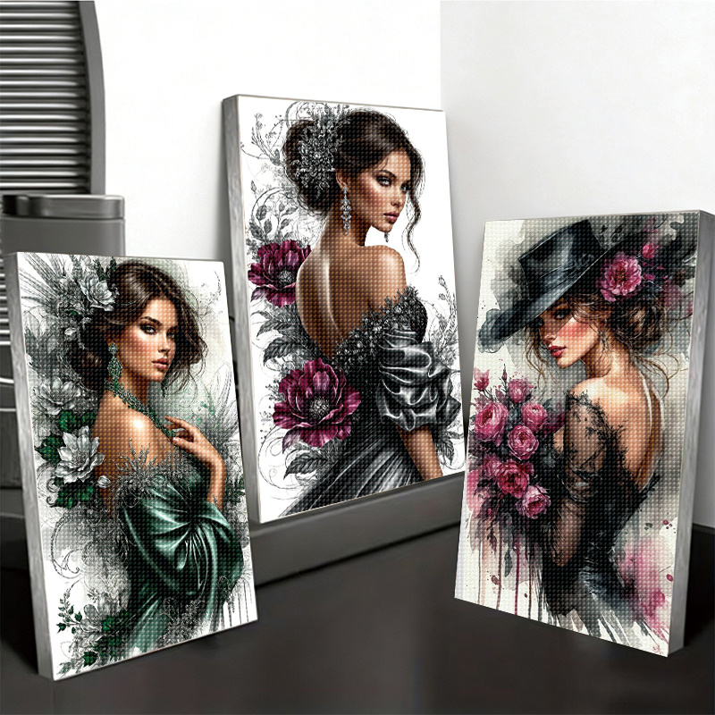 TEMU 3 -Malerei-Sets Exquisites Vintage-Schönheit-Diamant-Malerei-Set mit eleganten Frauen floralen Elementen, für Wohnzimmer-Schlafzimmer-Wanddekor,