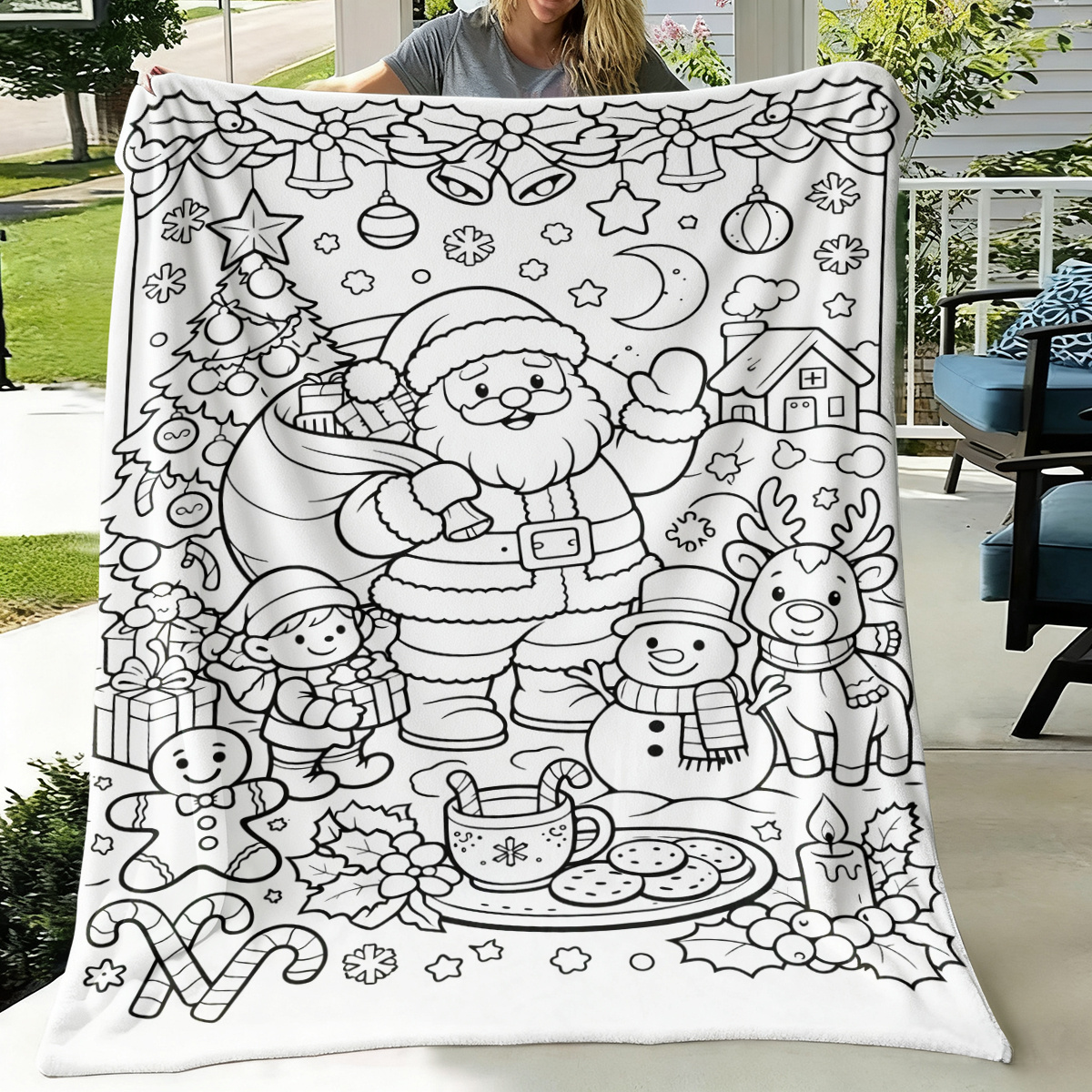 TEMU 1pc Diy Relax Coloring Christmas Santa Snowman Reindeer Line Art Flannel Throw Blanket, Adult Calming Meditation Coloring Nap Blanket, Soft