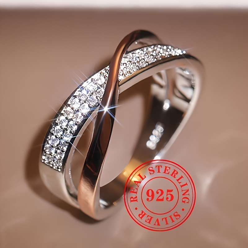 TEMU 925 Sterling Silver Mobius Ring With Dense Cubic Synthetic Zirconia Inlaid, 0.12oz, Elegant And , Women' Party Fashion Jewelry