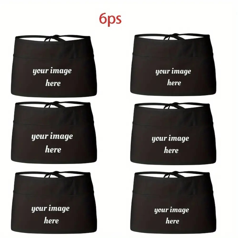 TEMU Customizable Images Or Logos, 6pcs, Personalized Unisex Polyester Aprons With 3 Pockets- Customizable Short Waist Server Uniforms, Black Aprons