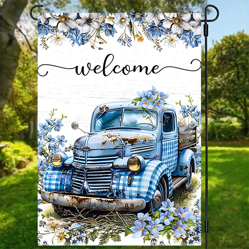 

1pc Rustic Farmhouse Flag, Blue Truck & , Double-sided Waterproof Polyester Burlap, Multipurpose Outdoor Decor 12x18inch