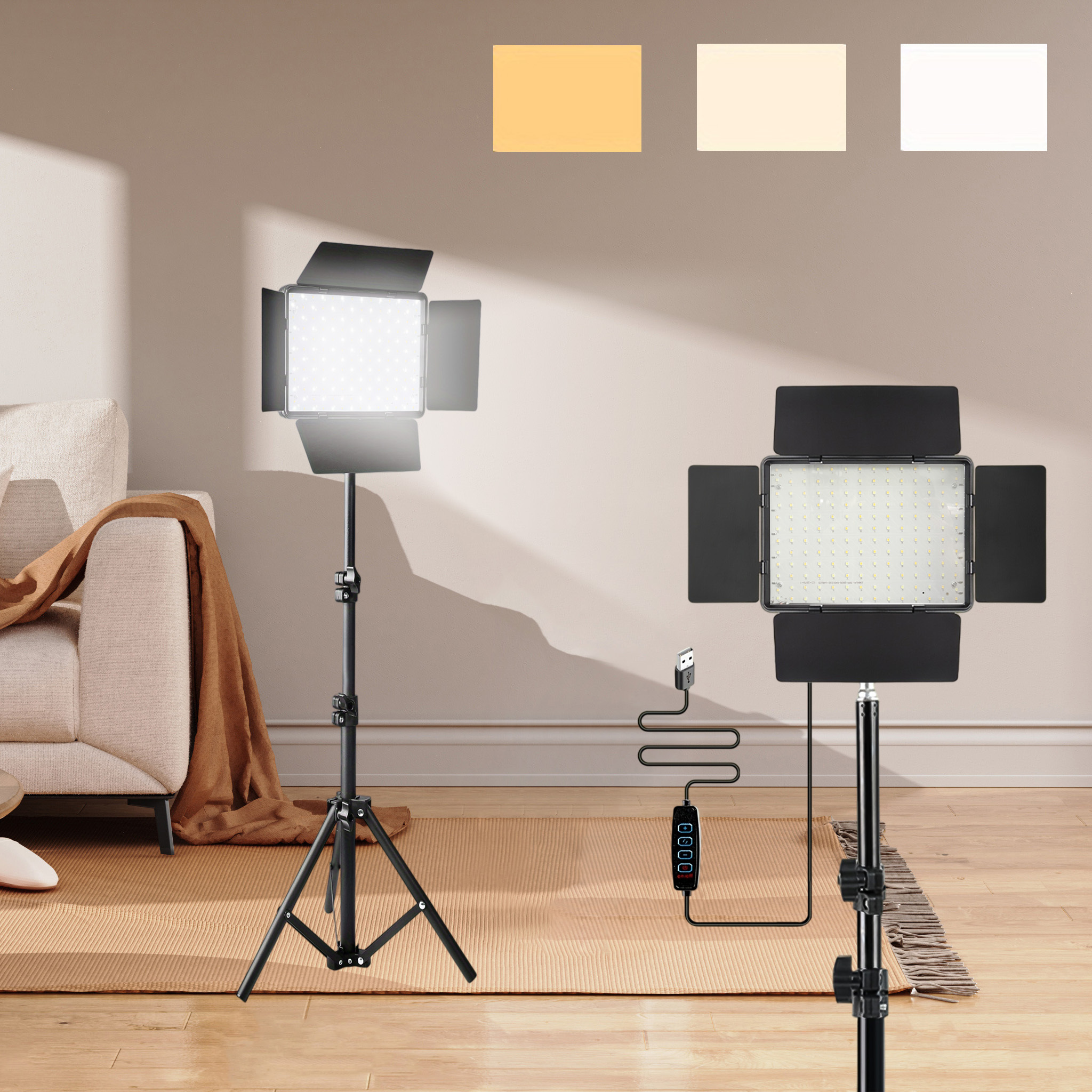 TEMU Panneau d'éclairage vidéo LED plat de 10" avec trépied de 43,3", 3 de couleur, avec trépied réglable pour photographie, vlog, maquillage, salle