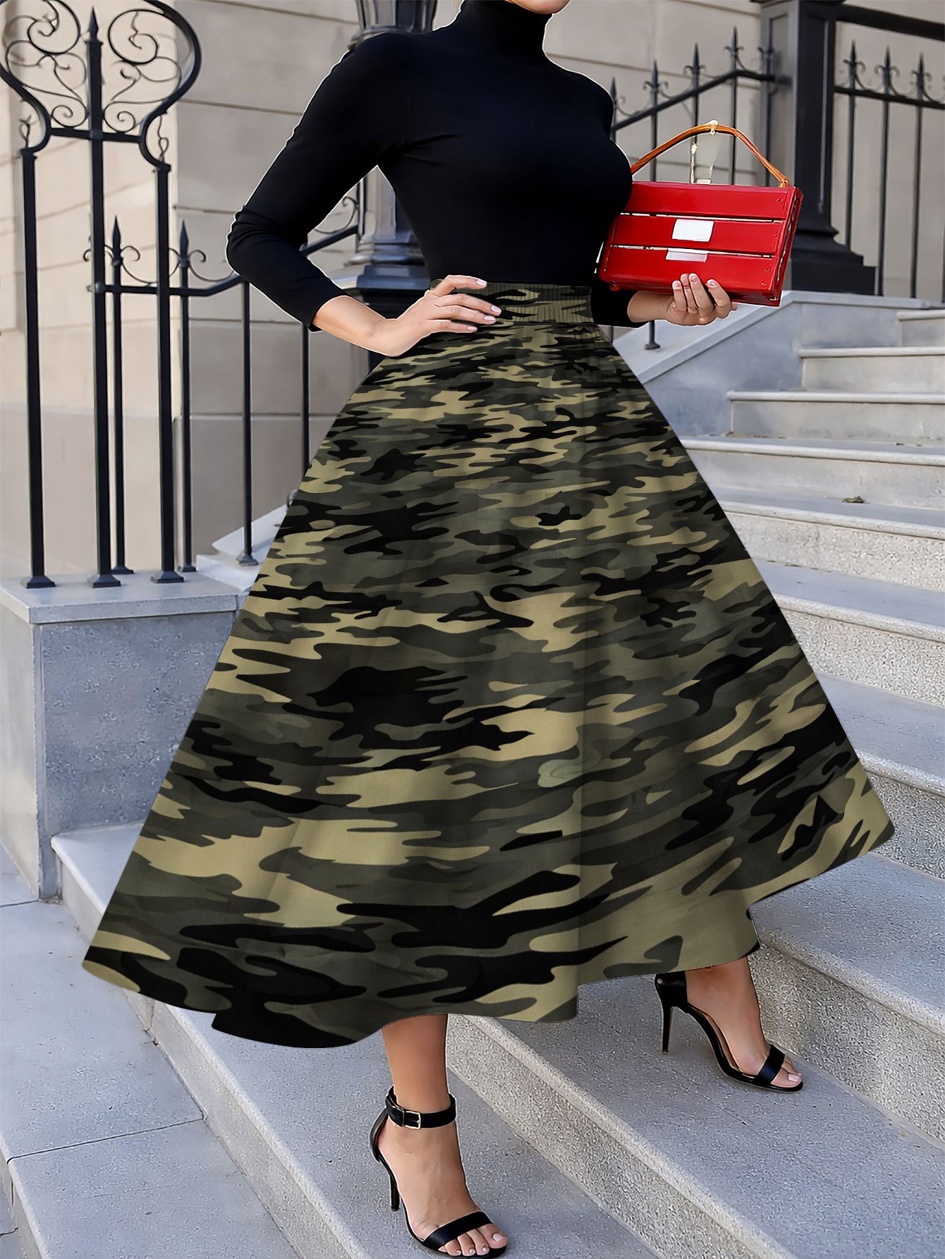 Camouflage Printed Camo Skirt Knee Length White Grey Camo Skirt