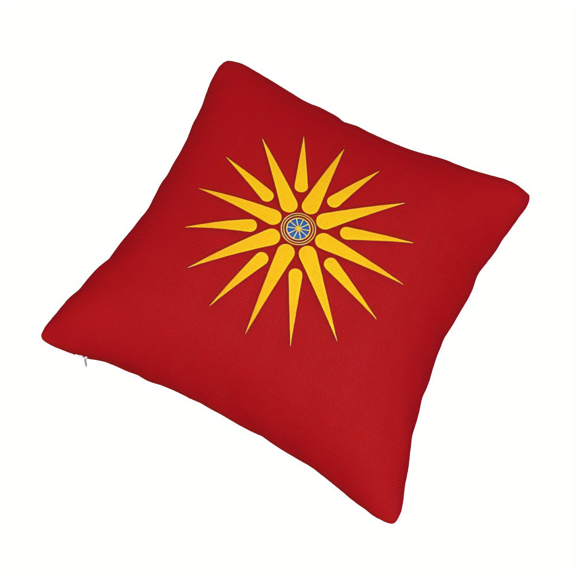 навлака за перница со   знаме - живописен црвен и златно-соларниот дизајн, современа декоративна навлака за перница со патент затворачка, машински перење наслона за декорација во дневна соба, издржлива ткаенина детали 3
