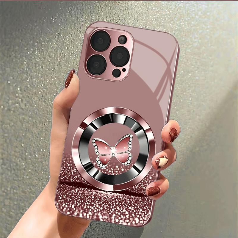 TEMU Phone Case - Rose Diamond Decor Wallpaper With Premium Electroplated Powder Glass For Iphone 16, 16 Plus, 16 Pro, 16 Pro Max, Iphone 17, 17 Pro,