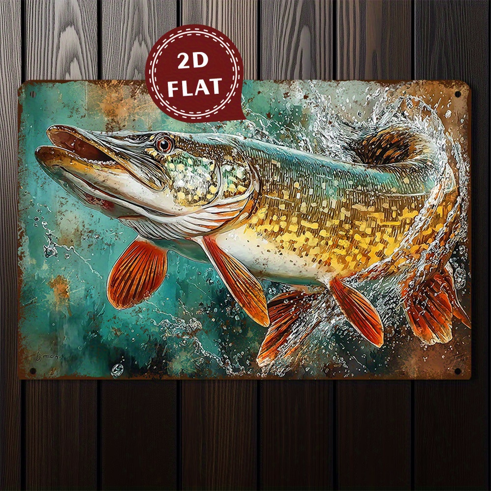TEMU 2D Plat, Vintage Springende Snoek Vis Metalen Wandbord - Rustieke Decoratie Geschikt voor Woonkamer, Kantoor, Hut, Badkamer - Geen Elektriciteit