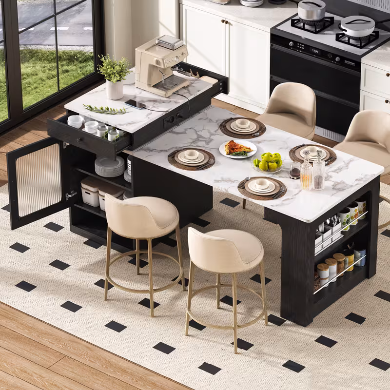 modern large extendable dining table kitchen island with wheels space saving expandable table foldable extendable bar top detachable tabletop artificial marble spice rack heavy duty metal frame for 4 6 people easy assembly table legs white tabletop 0