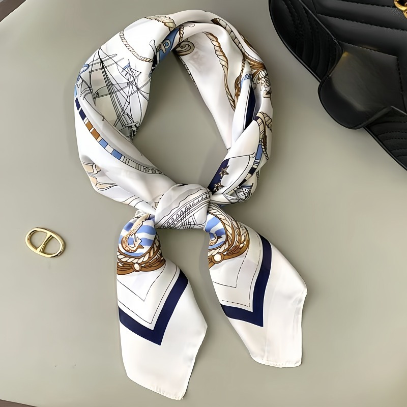 TEMU 1 pieza de 27,5" bufanda estampado de barco a vela - Poliéster y liso, resistente al viento, elegante bufanda para mujer para el cabello, el