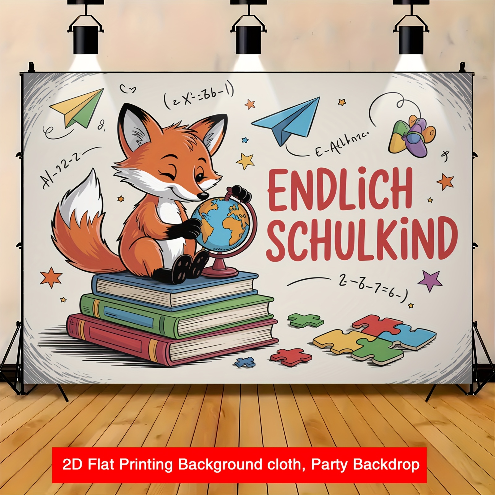 TEMU 2D Flach, 2D Flach ' Schulkind' ( in der Schule) Fuchs Fotohintergrund - Niedliche Schul-Fuchs-Illustration für den 1. Schultag, Abschlussfeier,