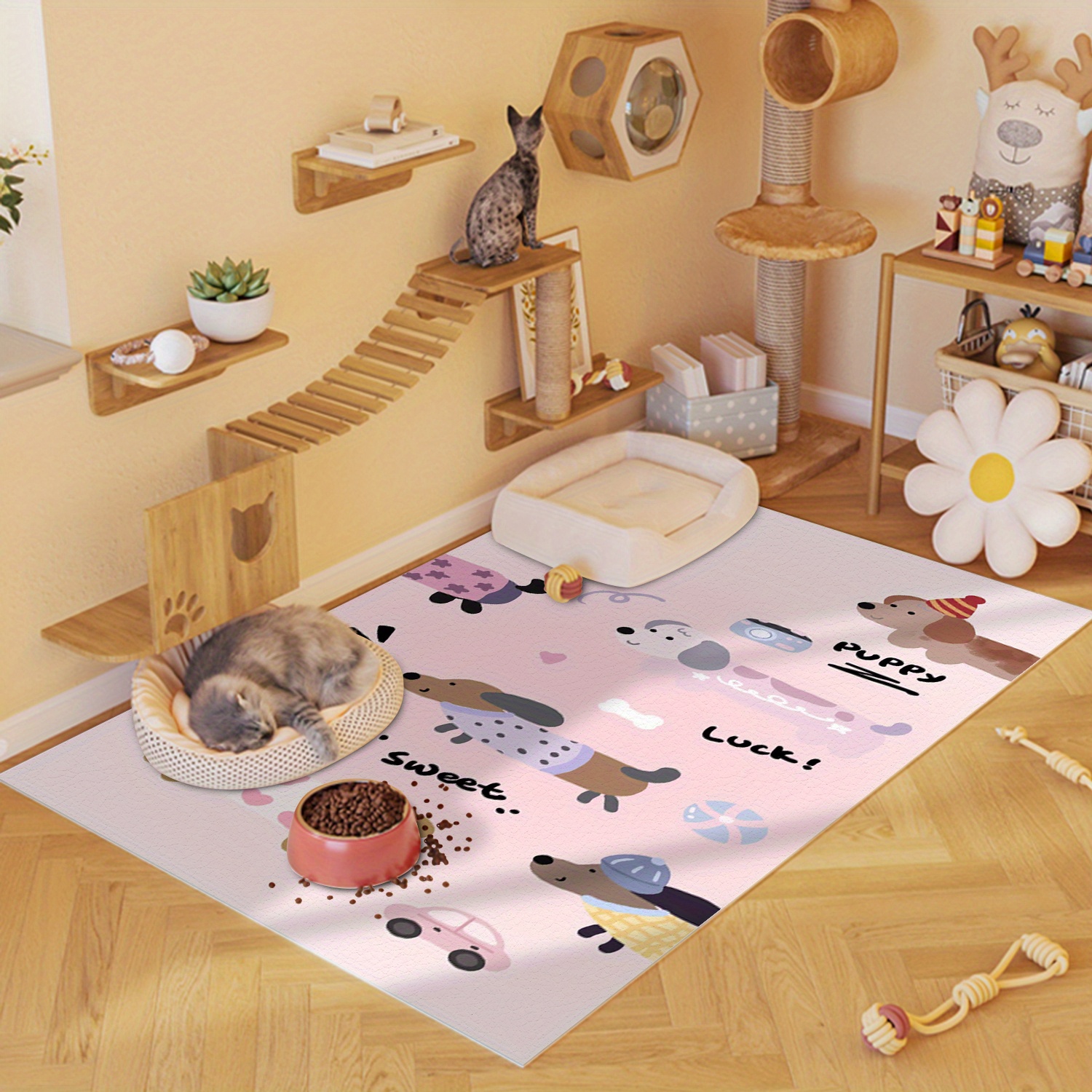 pink dachshund puppy design plush pet mat chew resistant non slip large dog bed washable polyester kennel pad with   cartoon hearts   multi size indoor outdoor pet mat for   dog mat indoor outdoor mat cute animal prints chewresistant material Product details 1