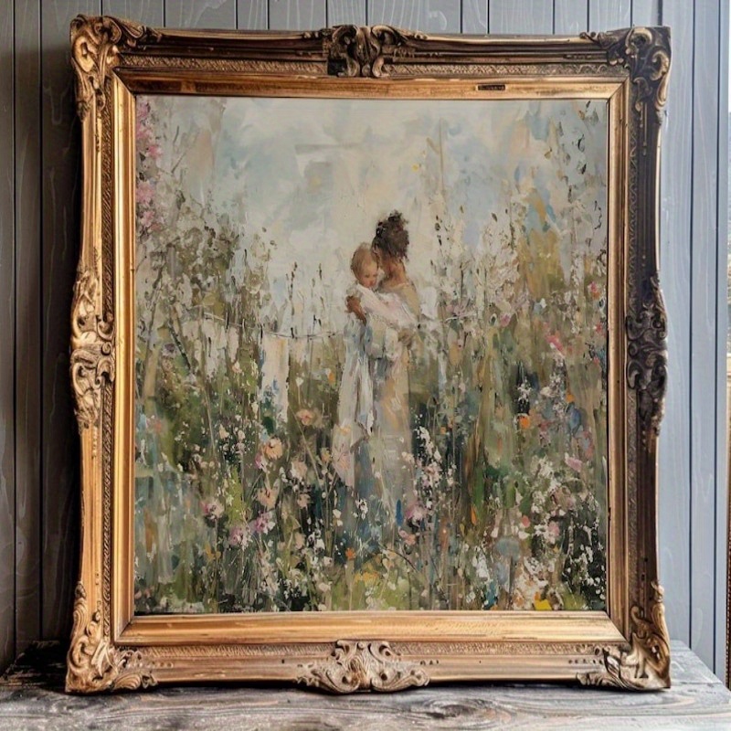 vintage cottagecore   canvas wall art     painting of mother in   garden wooden framed   laundry room or mother s day gift nursery decor