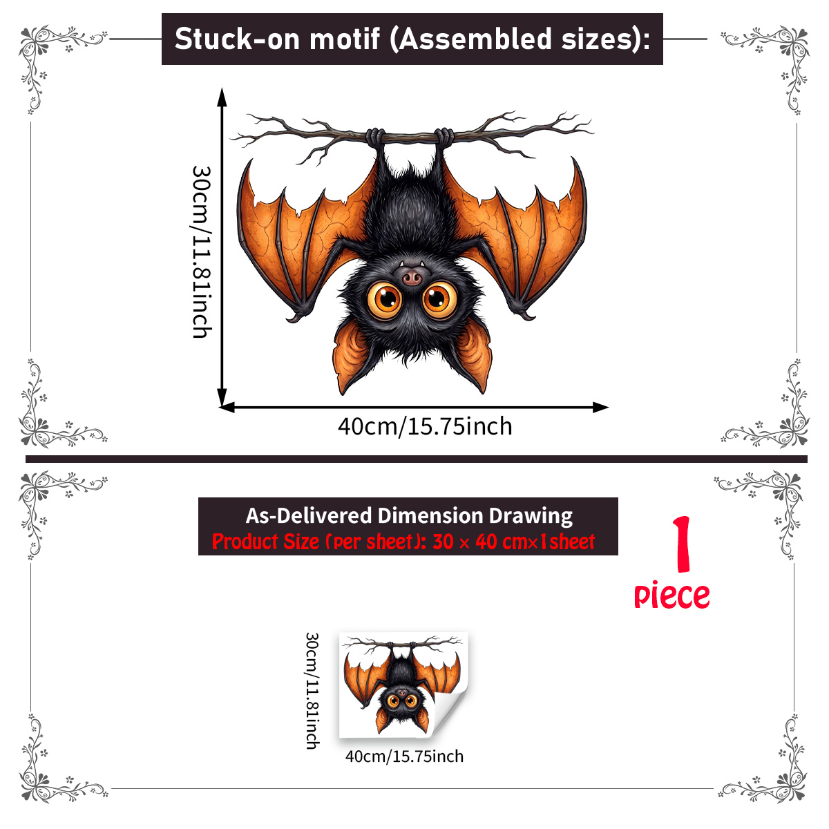 TEMU Autocollant électrostatique pour fenêtre de chauve-souris d'Halloween (30 X 40 cm), autocollant amusant pour vitre de chauve-souris renversée