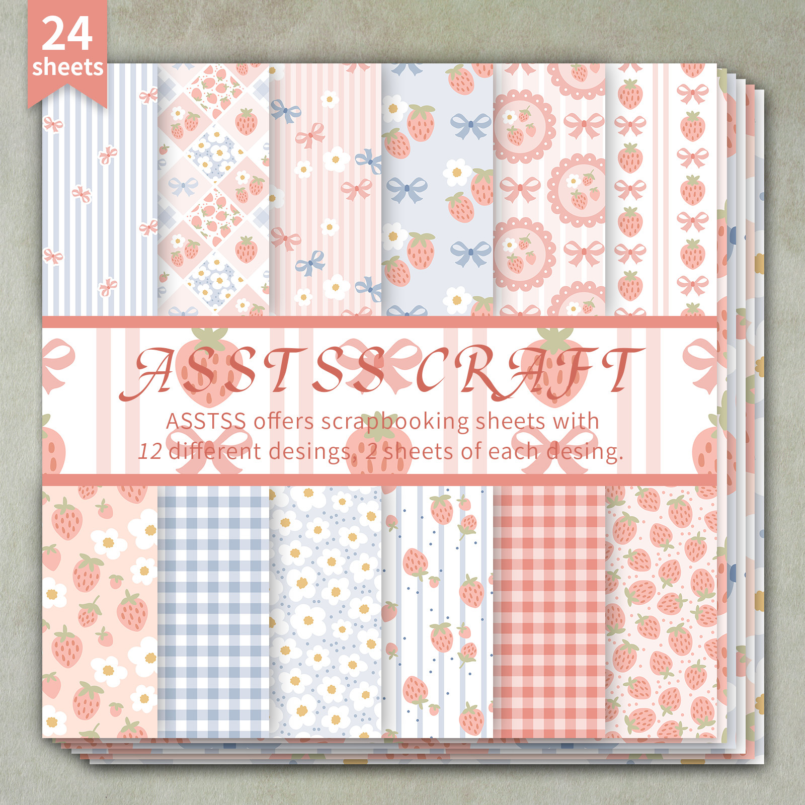 TEMU 24-sheet Asstss Inch Scrapbooking Paper Pad, Spring Summer Fruit Pink Strawberry And Bow Backing Paper Supplies, Heavyweight Cardstock For