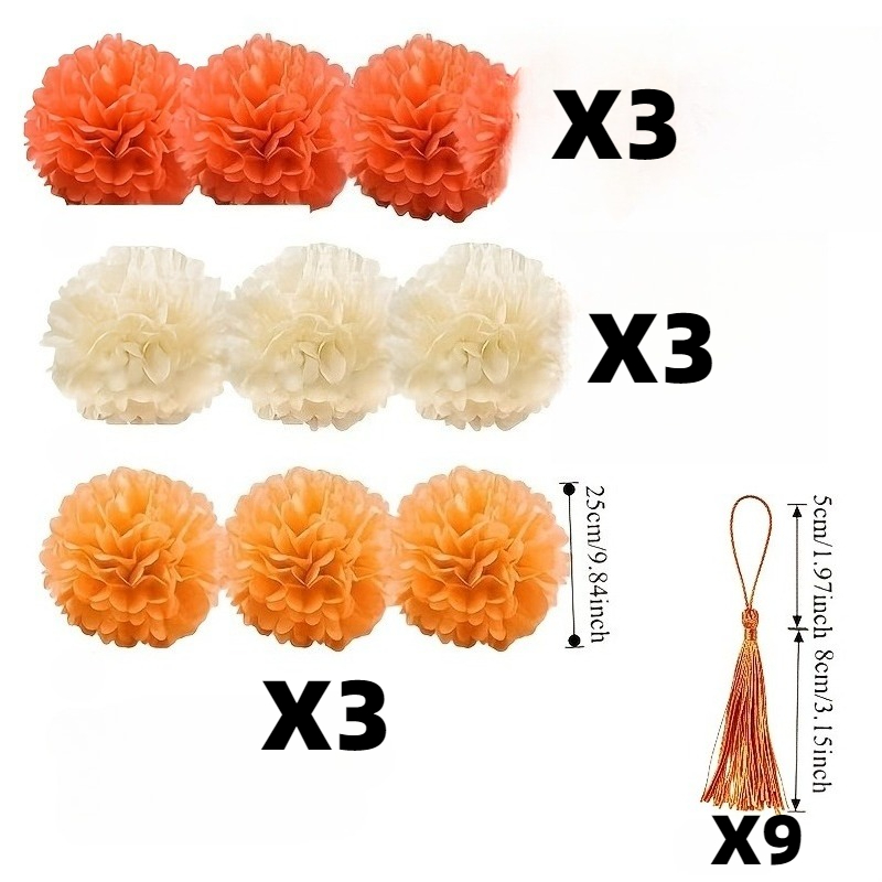 TEMU 18pcs Set Of 10-inch Paper Pom Poms With Orange Tassels, Suitable For Fall Thanksgiving, Birthdays, Weddings, And Party Hanging Decorations, No