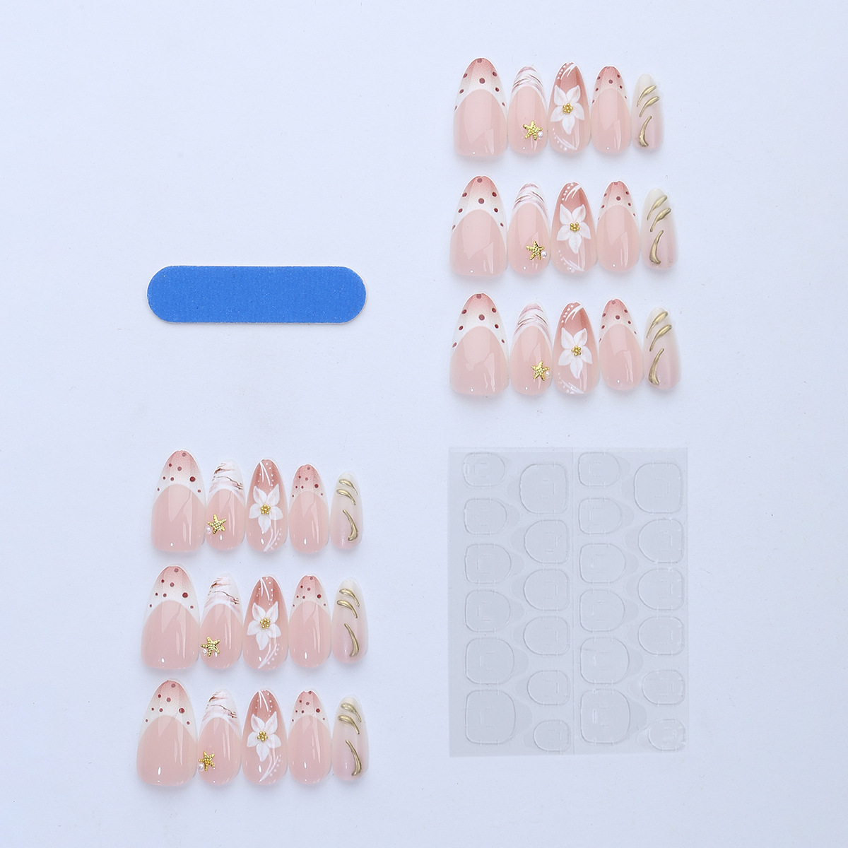 TEMU Ombre Gilded Floral 3d Stereoscopic French Rhinestone Star Nail Wearable Nails, Suitable For Women's Holiday Activities, Party , Fashion