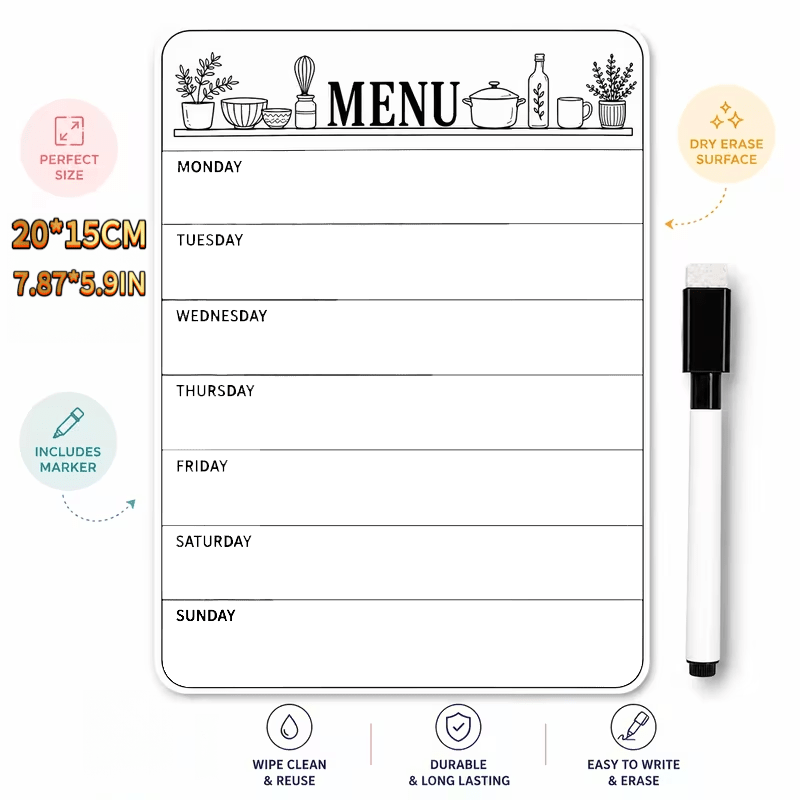 TEMU 1pc Of 2d Acrylic Refrigerator Whiteboard Sticker, With 1 Erasable Marker, Rewritable Weekly Meal Plan Chart, Kitchen Shopping Memo