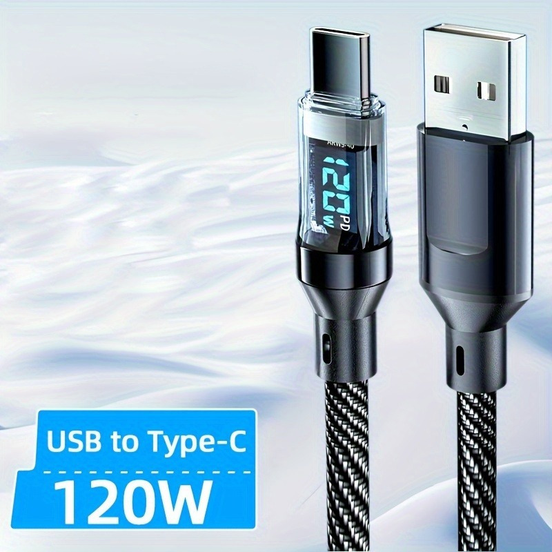 TEMU Câble USB A vers Type-C à charge super rapide 120W avec affichage numérique LED, extrémité mate, synchronisation des données, alimentation USB ,