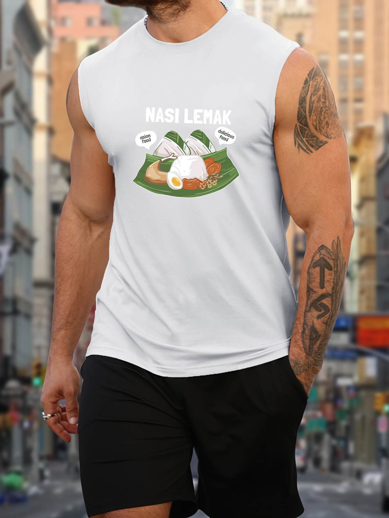 men s malaysian nasi   graphic   top - sleeveless   with rice, lightweight summer streetwear for gym, outdoors & everyday - machine washable loose fit casual top, gym attire,   text design, comfortable fabric 0