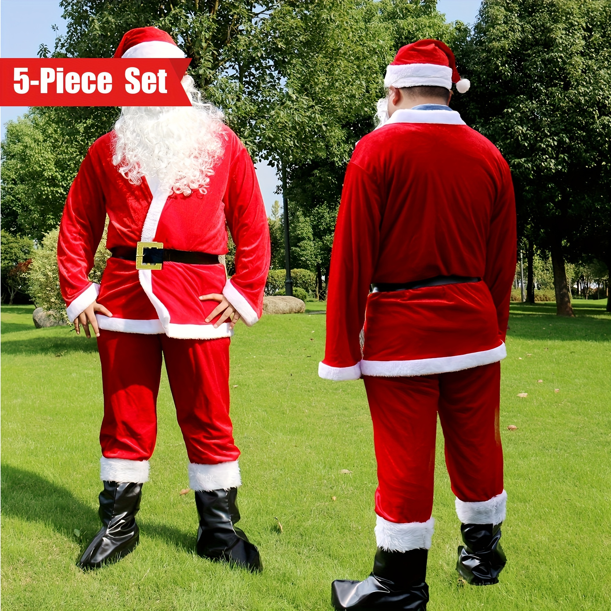 

Complete Santa Claus Costume Set For Adults - 5pcs Polyester Outfit With Jacket, Pants, Hat, Beard & Belt - Christmas, Halloween & New Year Celebrations - Fits Most