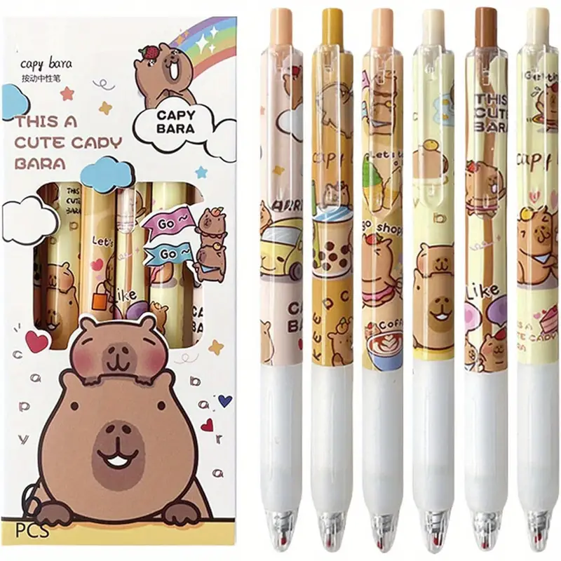 6pcs capybala retractable cute cartoon capybara pens 0. 5mm black ink gel ink aesthetic supplies for girls boys women men, cute gel pens, fancy pen, needle tip pens, cute pens bulk, school pens, ink gel pens, notetaking pens, writing tools, design, fun stationery, comfortable grip, durable pen, fine tip pen, retractable pen, stationery lovers, gift for friends Product details 6