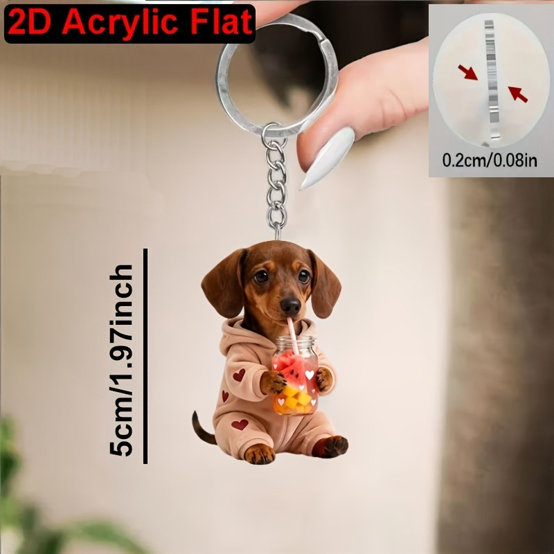 TEMU Llavero acrílico 2D, 1 pieza, lindo perro salchicha, colgante impreso con de 'Perro salchicha encantador bebiendo té de frutas', adecuado para