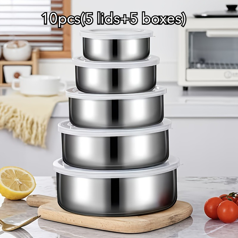 TEMU 10pcs Stainless Steel Bowl Set (5 Lids And 5 Bowls), Multifunctional Kitchen Mixing Bowl, Safe For Oven Use, With Sealed Lid, Used For Baking,