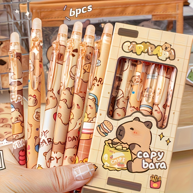6 Cute Capybara Themed Erasable Plastic Pens-0.5mm Fine Tip, Quick-drying Ink, Lightweight Retractable Rollerball Pen With Built-in Eraser, Suitable For Office And School Stationery