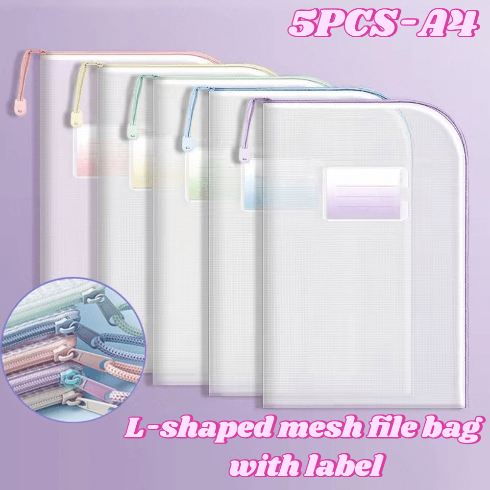 TEMU 5pcs Set Of Large Capacity Soft-colored Grid A4 Zipper File Bags, With Built-in Label Slots And Transparent Paper Folders, Wide-open File