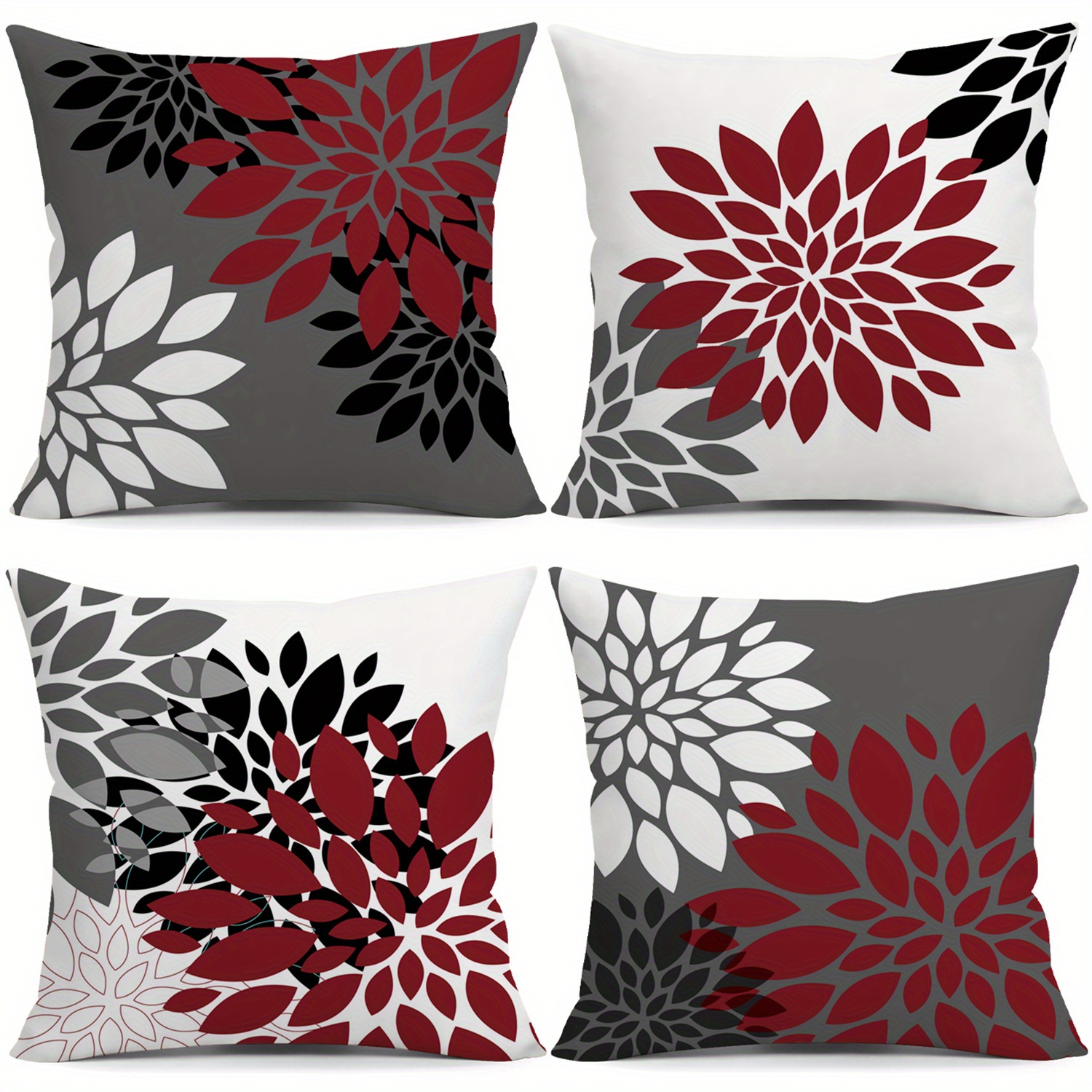 TEMU Black And Red Floral Pattern On Gray-white Background, Modern Minimalist Four-season Pillowcase Set Of 4, Suitable For Living Room Chairs And