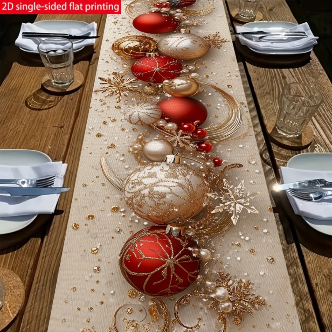 TEMU 2d Runner, 1pc, Christmas Holiday Table Runner, 2d Flat Printing, 100% Appearance Texture, Printed With Red And Golden Christmas Ornaments And