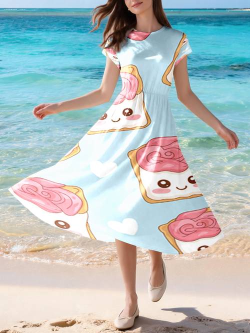 1pc Women s Pink Toast Print Maxi Dress - Short Sleeve -Line Dress with Full-Length, Round Neck Dress Suitable for , Vacations, Shopping & Casual , Machine Washable Spring Summer Fall Outfits