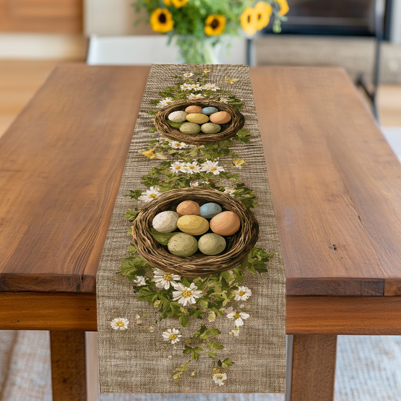 TEMU Tischläufer, Tischdecke, Nest- und Gänseblümchenmuster mit Eiern, Beige-Ton, für Ostern, Frühling, Zusammenkunft, Party, Picknick und mehr,