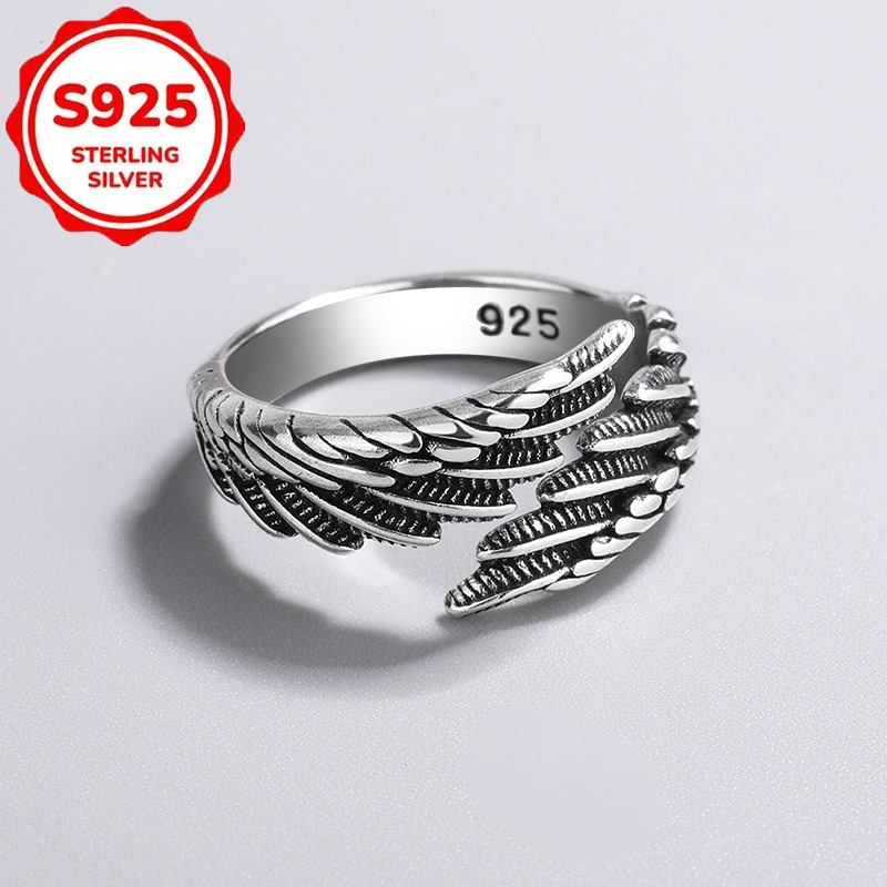 TEMU Bague Aile Rétro Tendance en Argent S925, Ouverture Réglable pour Hommes et Femmes, Convient pour les Rassemblements Quotidiens, les Fêtes et