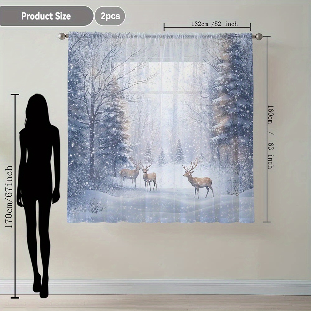 TEMU 2pcs Reindeer In Snow Winter Print Sheer Curtains, With Rod Pocket Decorative Window Drapes - Suitable For Kitchen, Cafe, Living Room, Balcony,