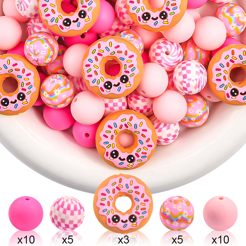 TEMU Lot de 33 perles de concentration en silicone 3D de donut à gros yeux, rose et orange, kit de fabrication de bijoux DIY pour boucles d'oreilles,