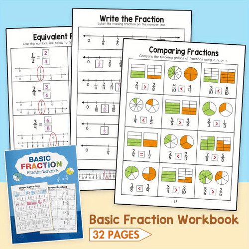 a 32 page math fraction workbook designed for children serves as a learning tool for mathematical suitable for home and classroom use and as a study aid