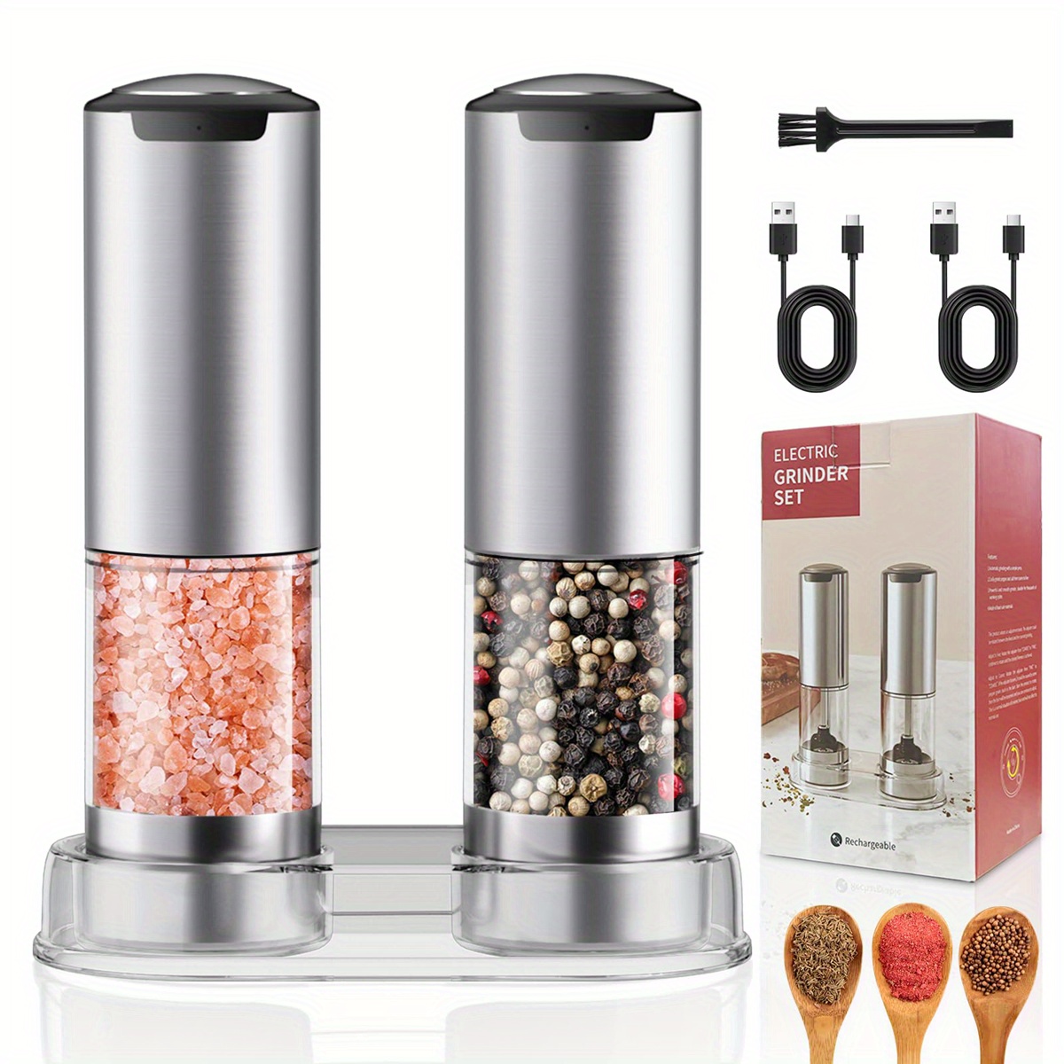 TEMU Salt And Pepper Mill Electric Set Of 2, Stainless Steel Pepper And Salt Mill For Coarse Salt With Usb Rechargeable And Led Light, Spice Mills